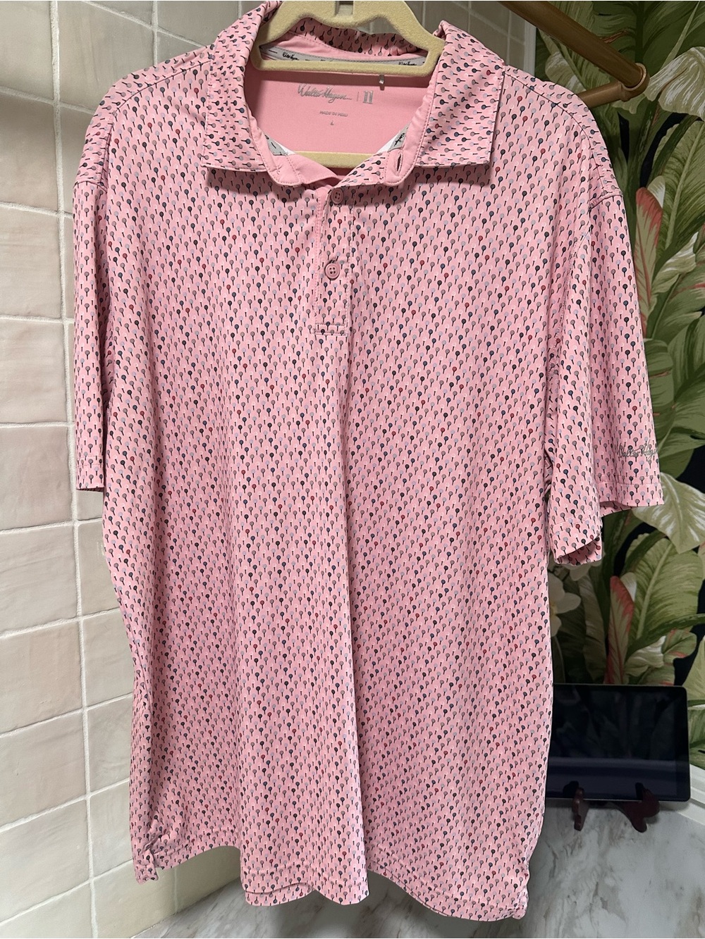 Walter Hagen 11 Golf Polo Mens L Pink Golf Tee Print Performance Stretch Shirt